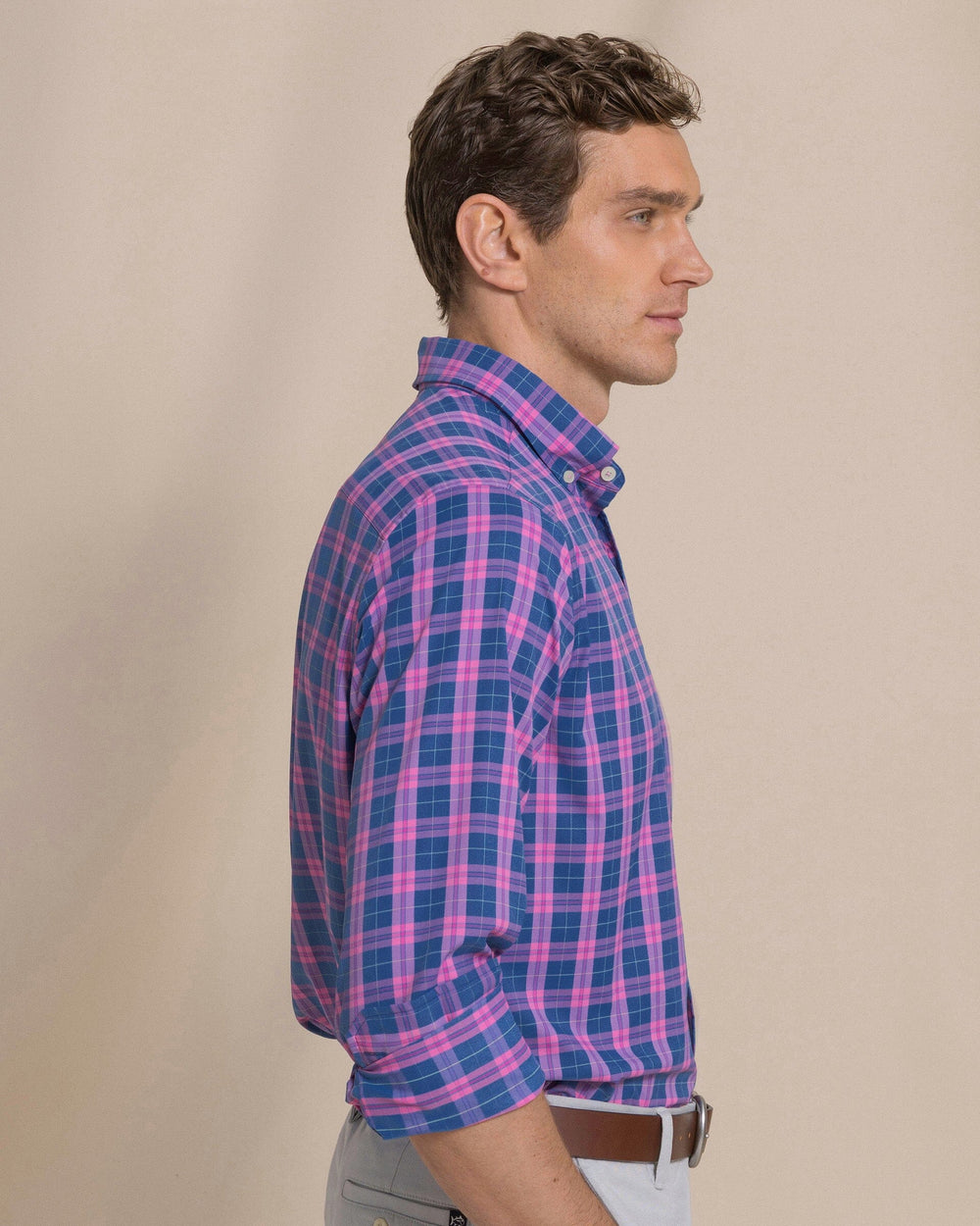 The side view of the Southern Tide Coral Sands Coastal Breeze® Sport Shirt by Southern Tide - Azalea Pink