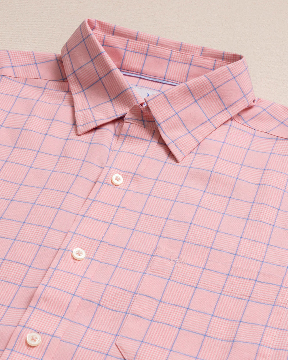 The detail view of the Southern Tide Coral Springs Plaid Charleston Sport Shirt by Southern Tide - Sea Pink