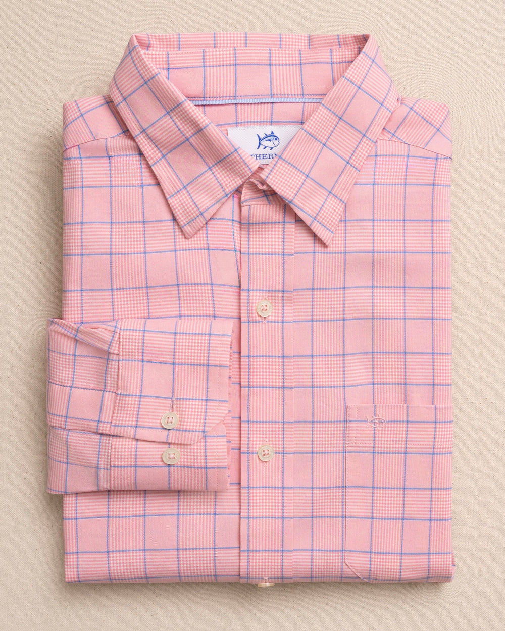 The front view of the Southern Tide Coral Springs Plaid Charleston Sport Shirt by Southern Tide - Sea Pink