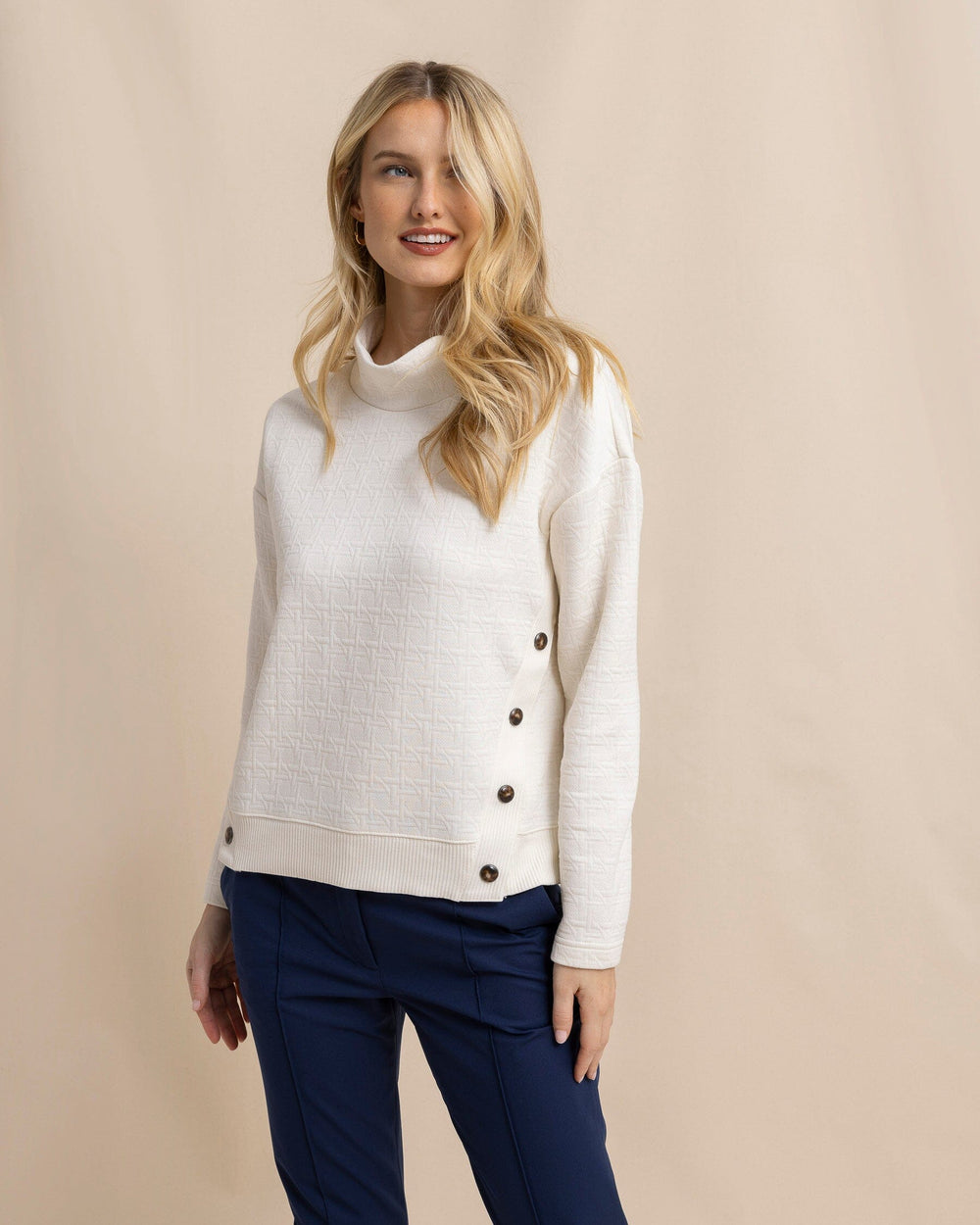 The front view of the Southern Tide Cordelia Quilted Pullover by Southern Tide - Sand White