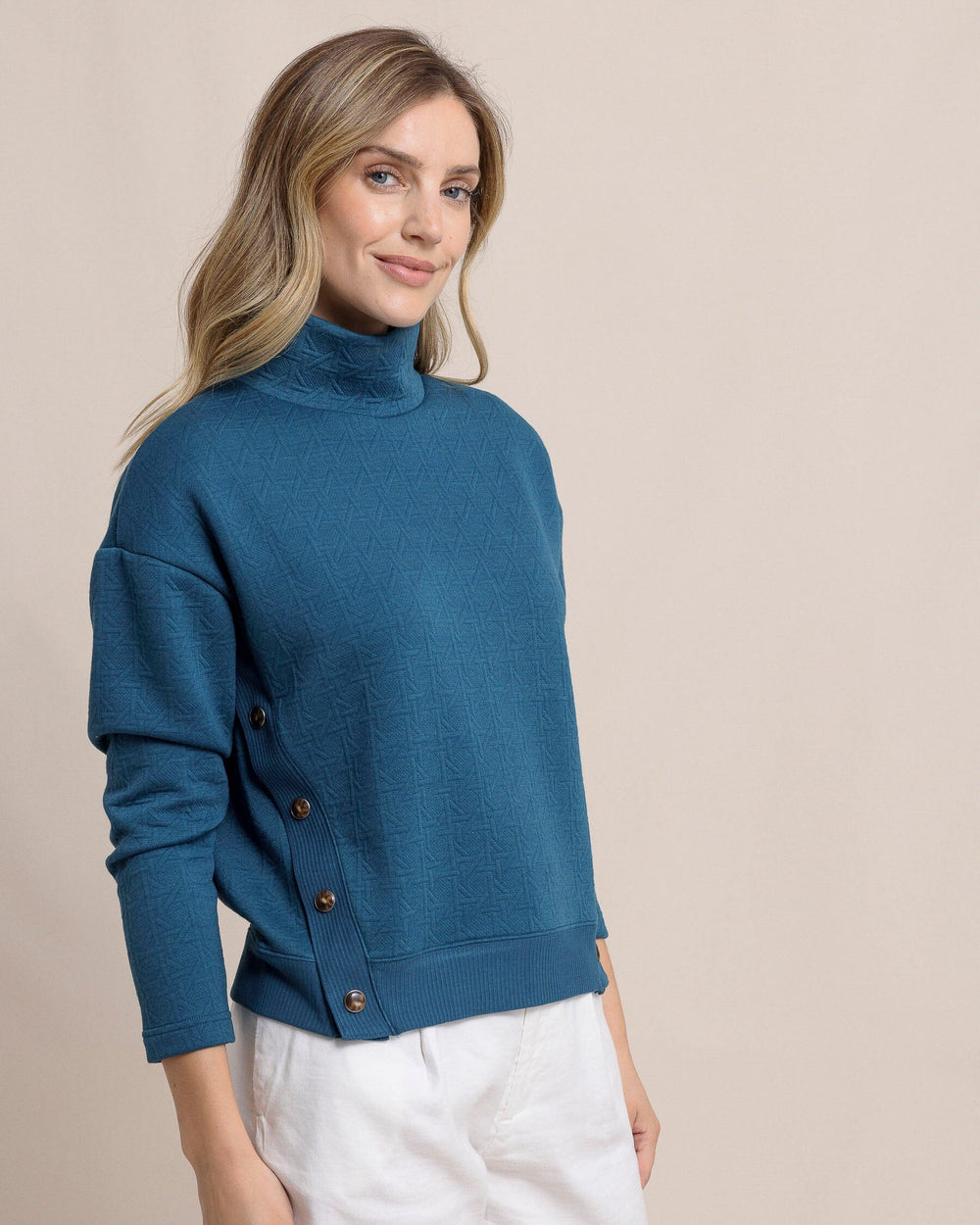 The front view of the Southern Tide Cordelia Quilted Pullover by Southern Tide - Teal Haze