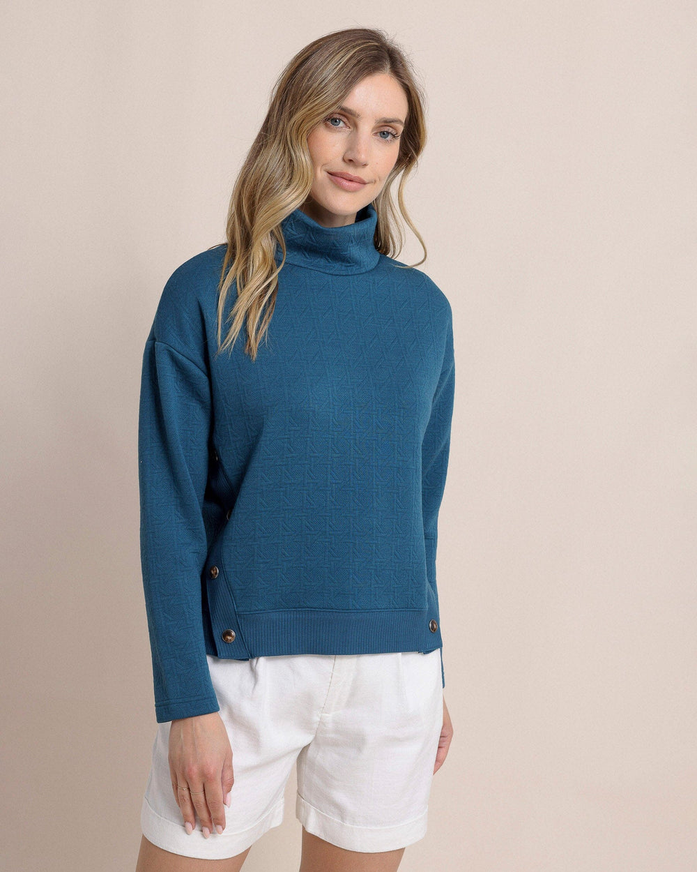 The front view of the Southern Tide Cordelia Quilted Pullover by Southern Tide - Teal Haze