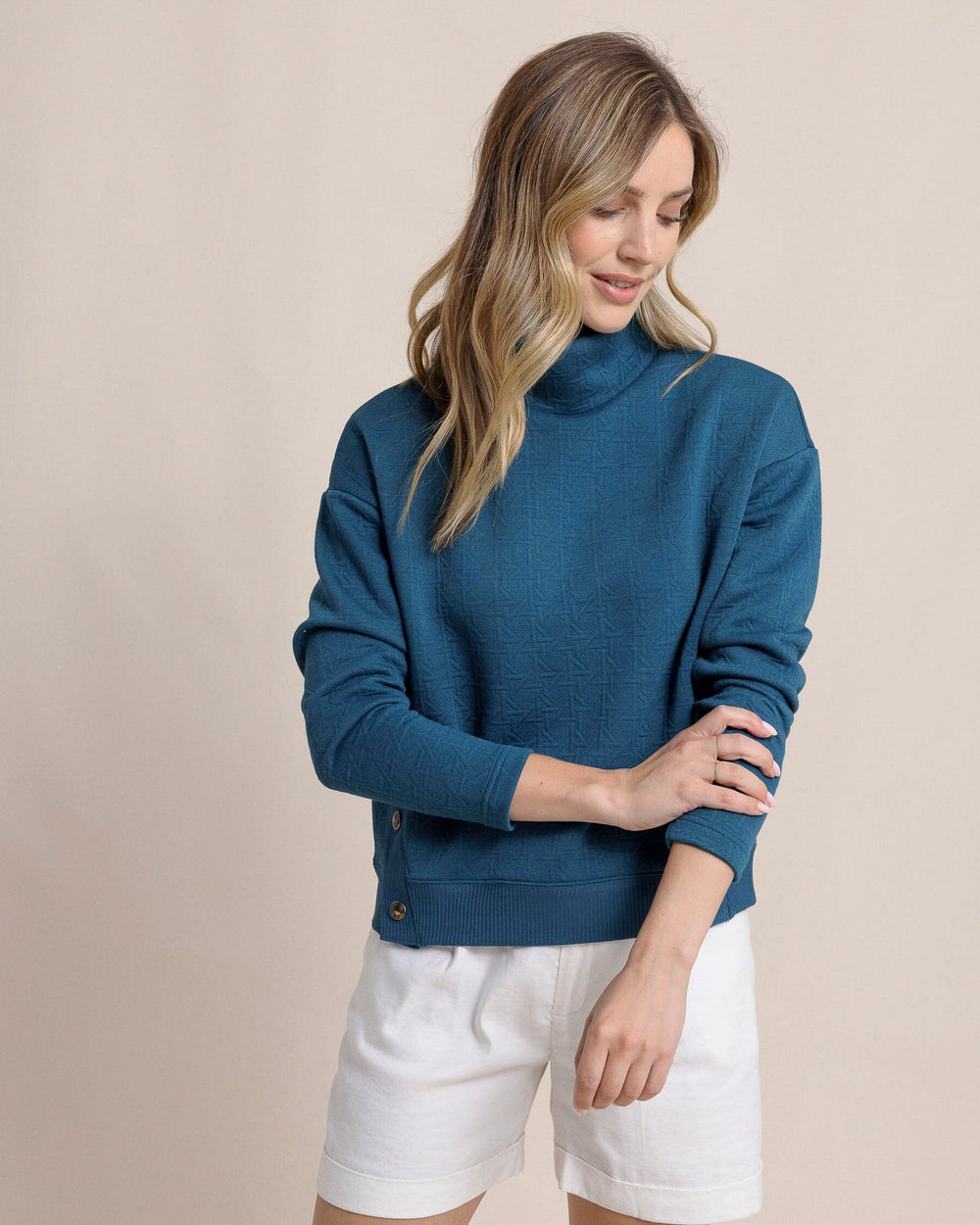 The front view of the Southern Tide Cordelia Quilted Pullover by Southern Tide - Teal Haze