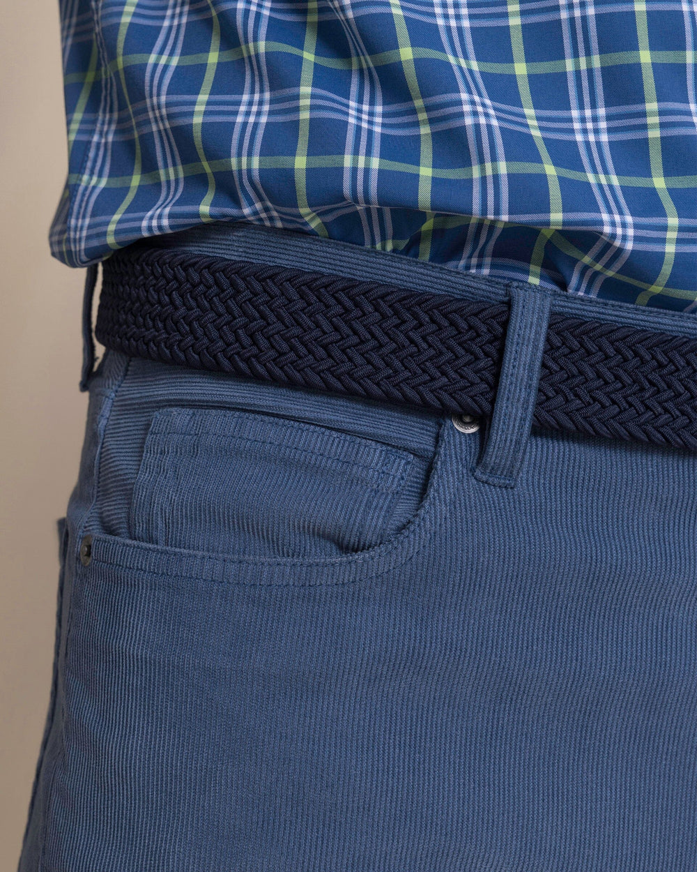 The detail view of the Southern Tide Corduroy Five Pocket Pant by Southern Tide - Blue Haze