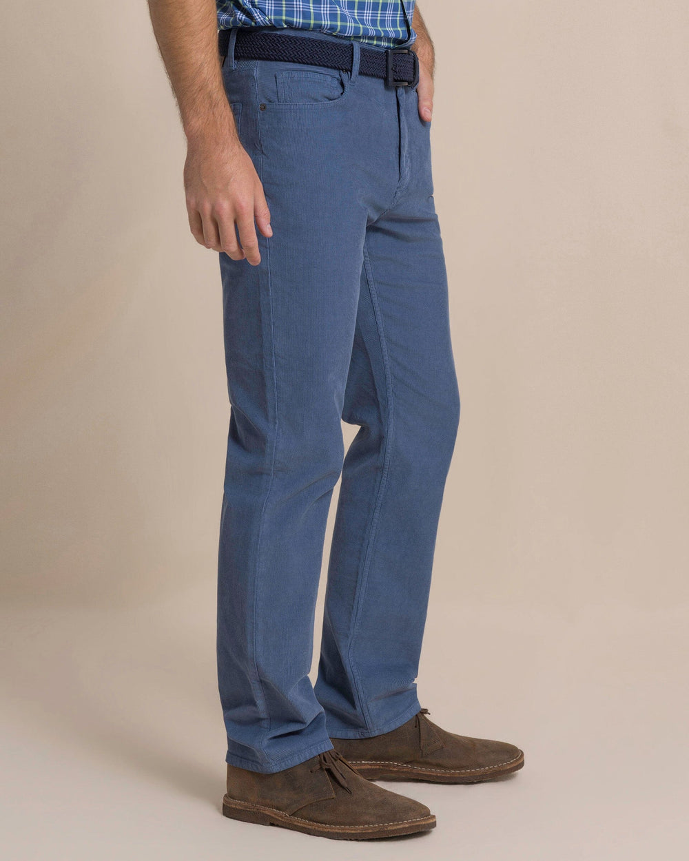 The side view of the Southern Tide Corduroy Five Pocket Pant by Southern Tide - Blue Haze