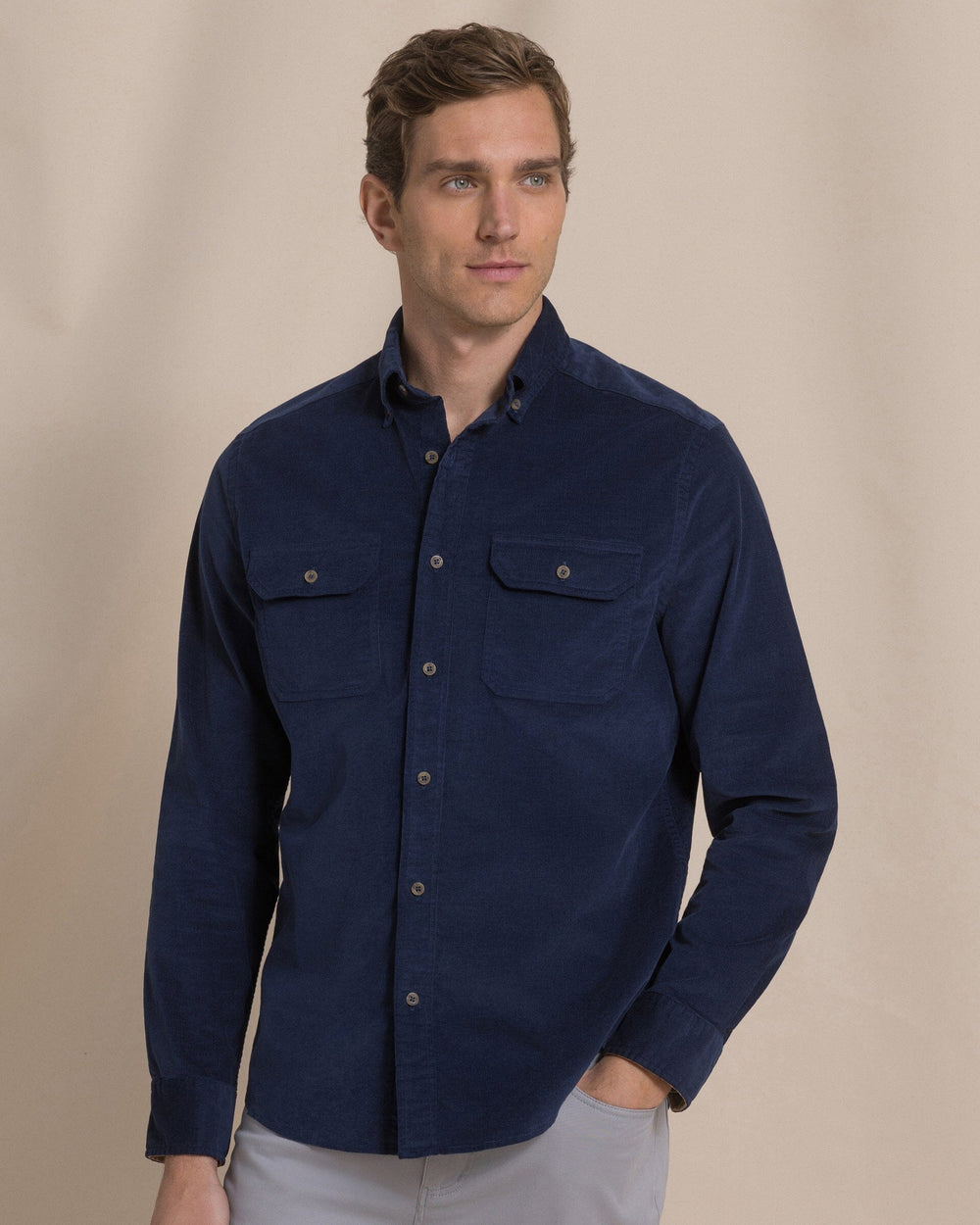The front view of the Southern Tide Corduroy Sport Shirt by Southern Tide - Dress Blue