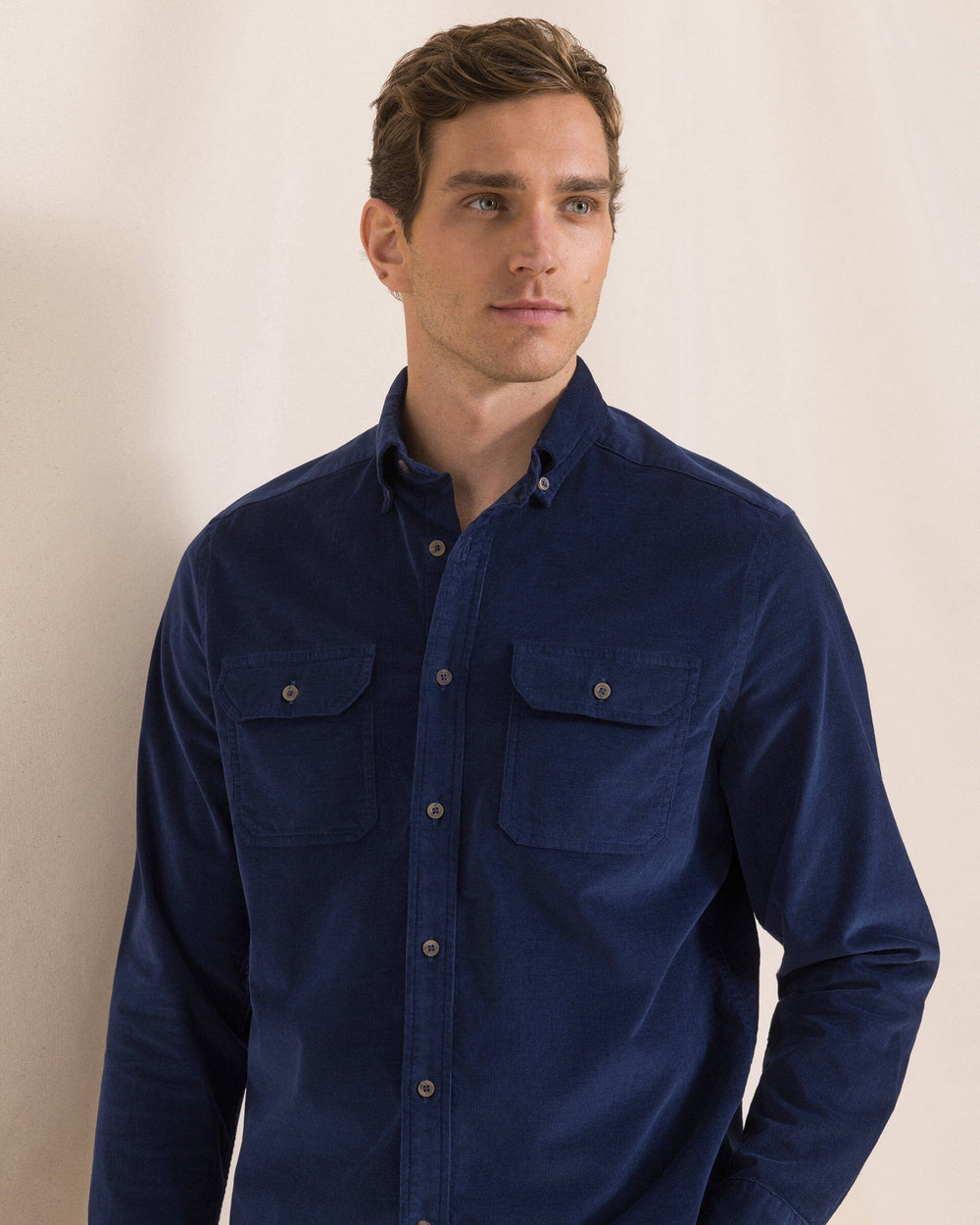 The front view of the Southern Tide Corduroy Sport Shirt by Southern Tide - Dress Blue