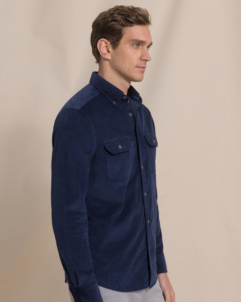 The side view of the Southern Tide Corduroy Sport Shirt by Southern Tide - Dress Blue