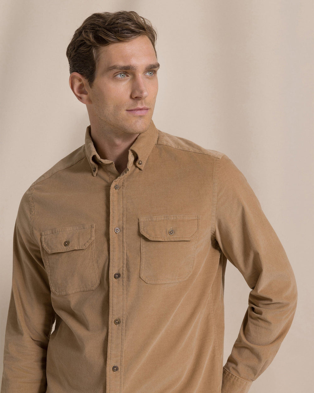 The front view of the Southern Tide Corduroy Sport Shirt by Southern Tide - Tannin
