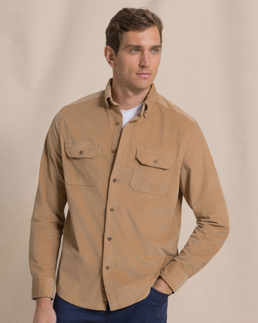 The front view of the Southern Tide Corduroy Sport Shirt by Southern Tide - Tannin