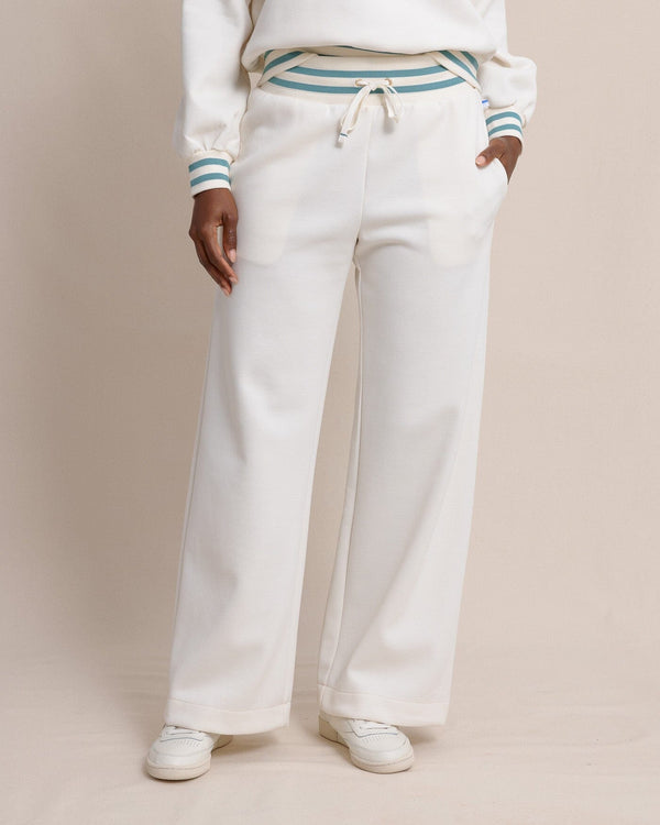 The front view of the Southern Tide Cosette Luxe Lounge Wide Leg Pant by Southern Tide - Sand White