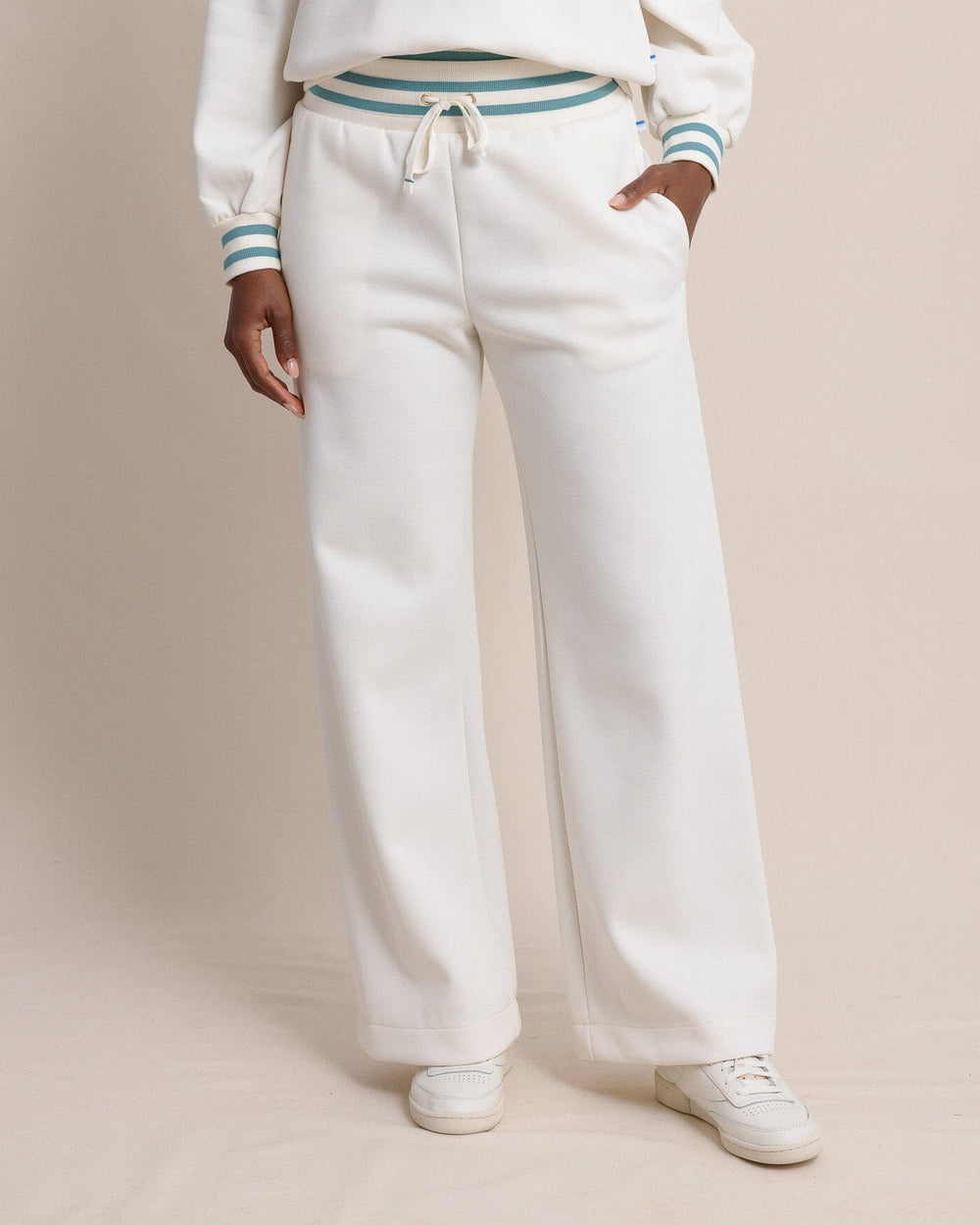 The front view of the Southern Tide Cosette Luxe Lounge Wide Leg Pant by Southern Tide - Sand White