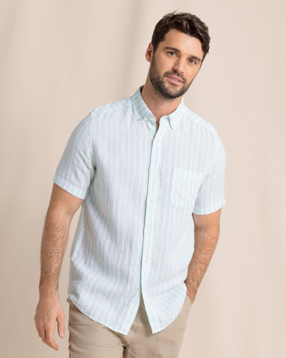 The front view of the Southern Tide Crepe Myrtle Striped Linen Short Sleeve Sport Shirt by Southern Tide - Jade Green