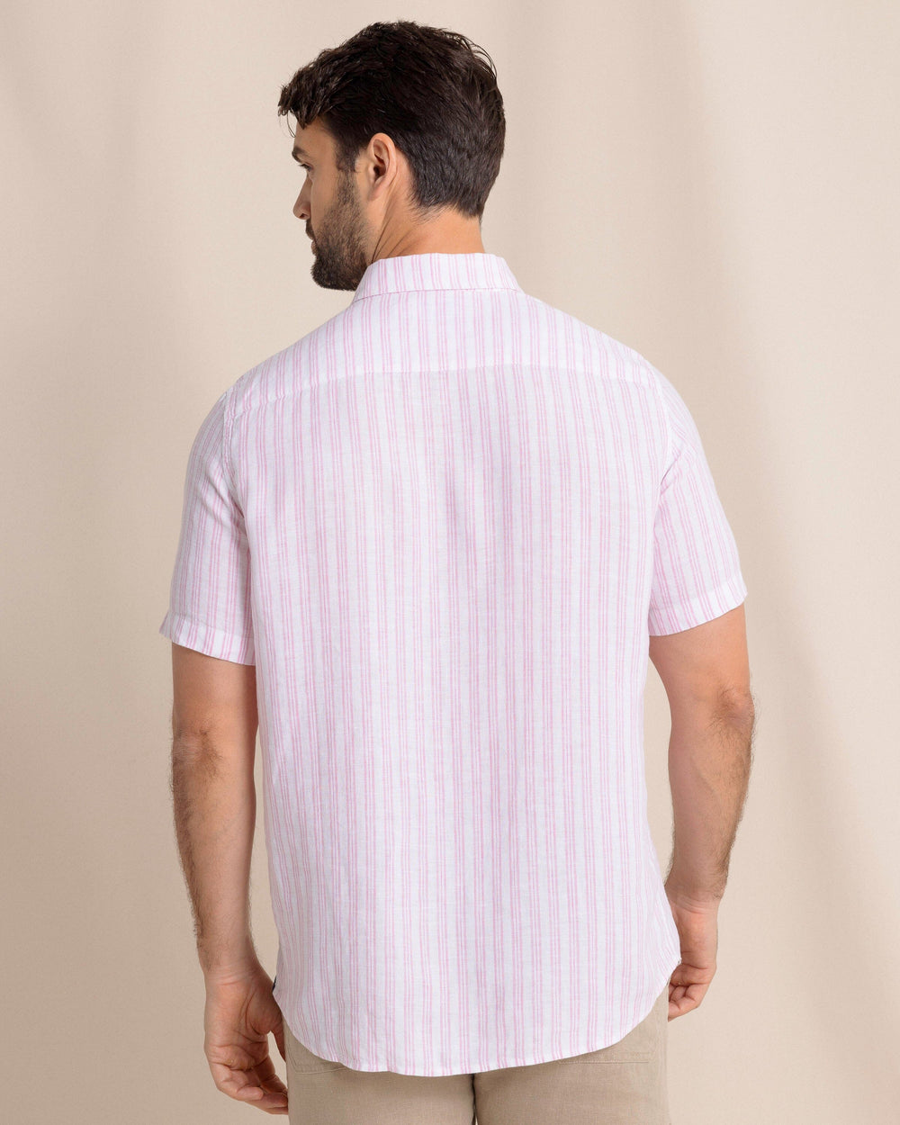 The back view of the Southern Tide Crepe Myrtle Striped Linen Short Sleeve Sport Shirt by Southern Tide -  Riviera Rose