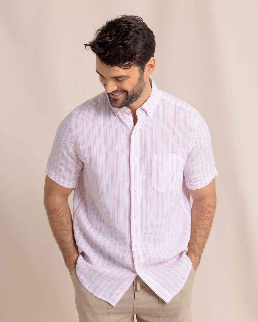 The front view of the Southern Tide Crepe Myrtle Striped Linen Short Sleeve Sport Shirt by Southern Tide -  Riviera Rose