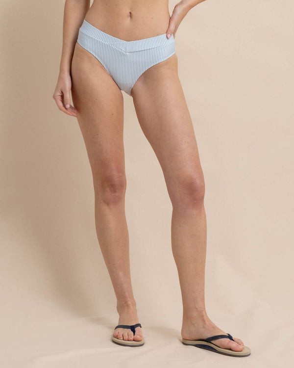 The front view of the Southern Tide Cross Over Bikini Bottom in Seersucker by Southern Tide - Clearwater Blue