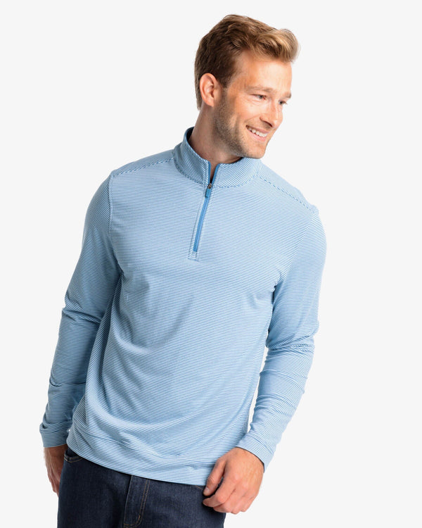 The front view of the Southern Tide Cruiser Heather Micro-Stripe Performance Quarter Zip by Southern Tide - Heather Atlantic Blue