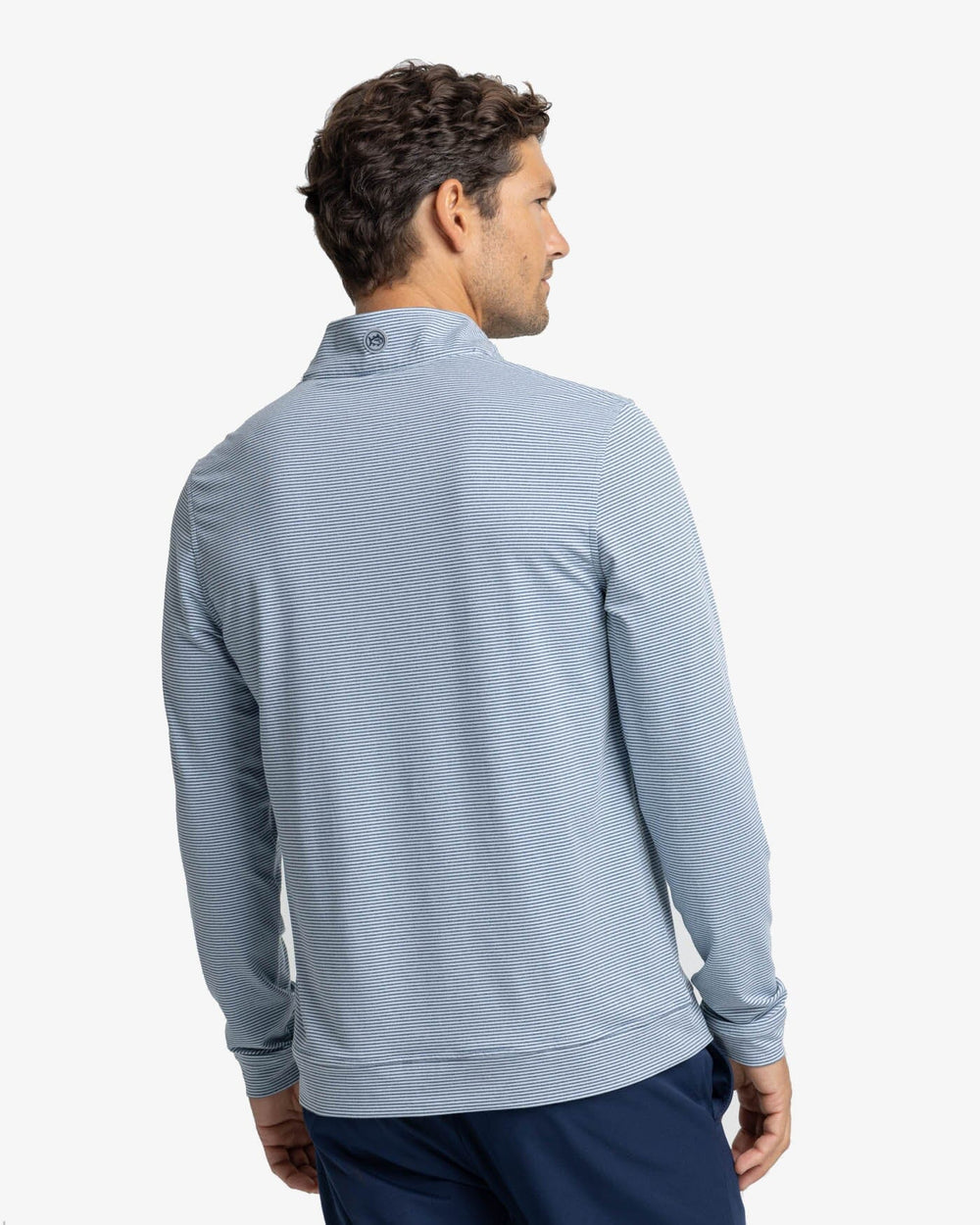 The back view of the Southern Tide Cruiser Heather Micro-Stripe Performance Quarter Zip Pullover by Southern Tide - Heather Dream Blue