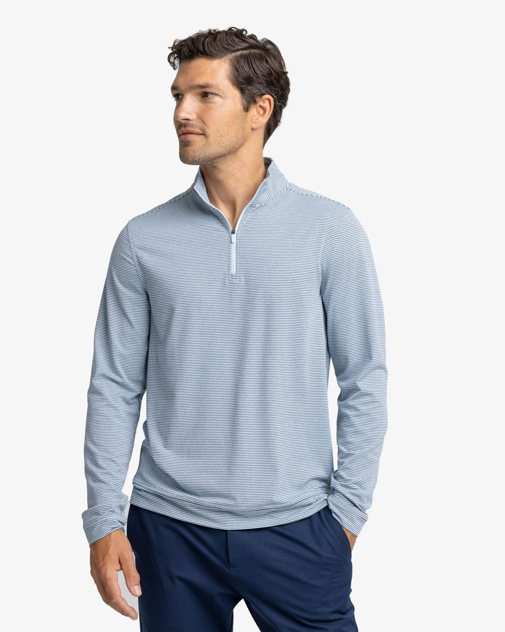 The front view of the Southern Tide Cruiser Heather Micro-Stripe Performance Quarter Zip Pullover by Southern Tide - Heather Dream Blue