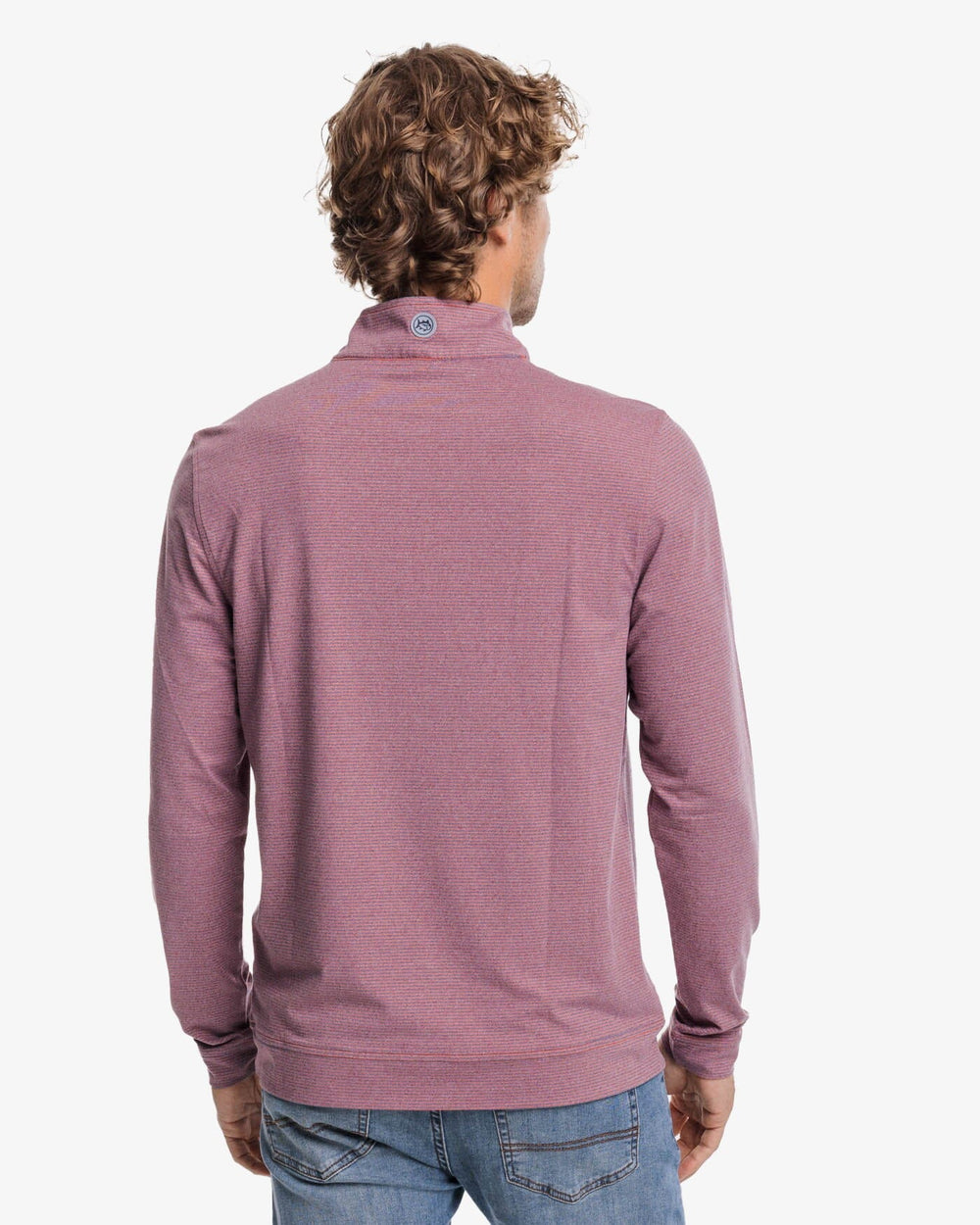 The back view of the Southern Tide Cruiser Heather Micro-Stripe Performance Quarter Zip Pullover by Southern Tide - Heather Dusty Coral