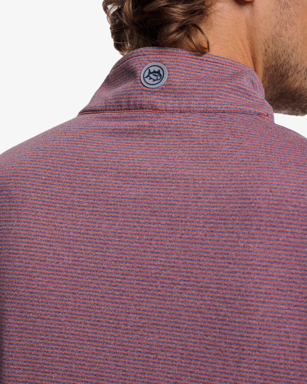 The yoke view of the Southern Tide Cruiser Heather Micro-Stripe Performance Quarter Zip Pullover by Southern Tide - Heather Dusty Coral
