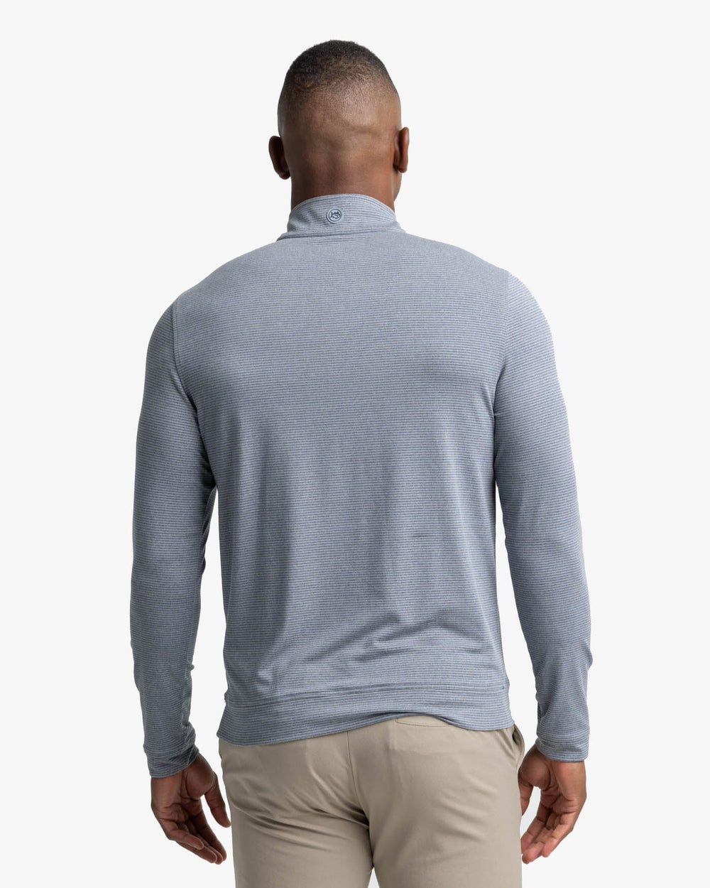 The back view of the Southern Tide Cruiser Heather Micro-Stripe Performance Quarter Zip Pullover by Southern Tide - Heather Shadow Grey