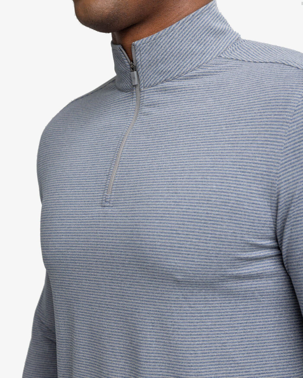 The detail view of the Southern Tide Cruiser Heather Micro-Stripe Performance Quarter Zip Pullover by Southern Tide - Heather Shadow Grey