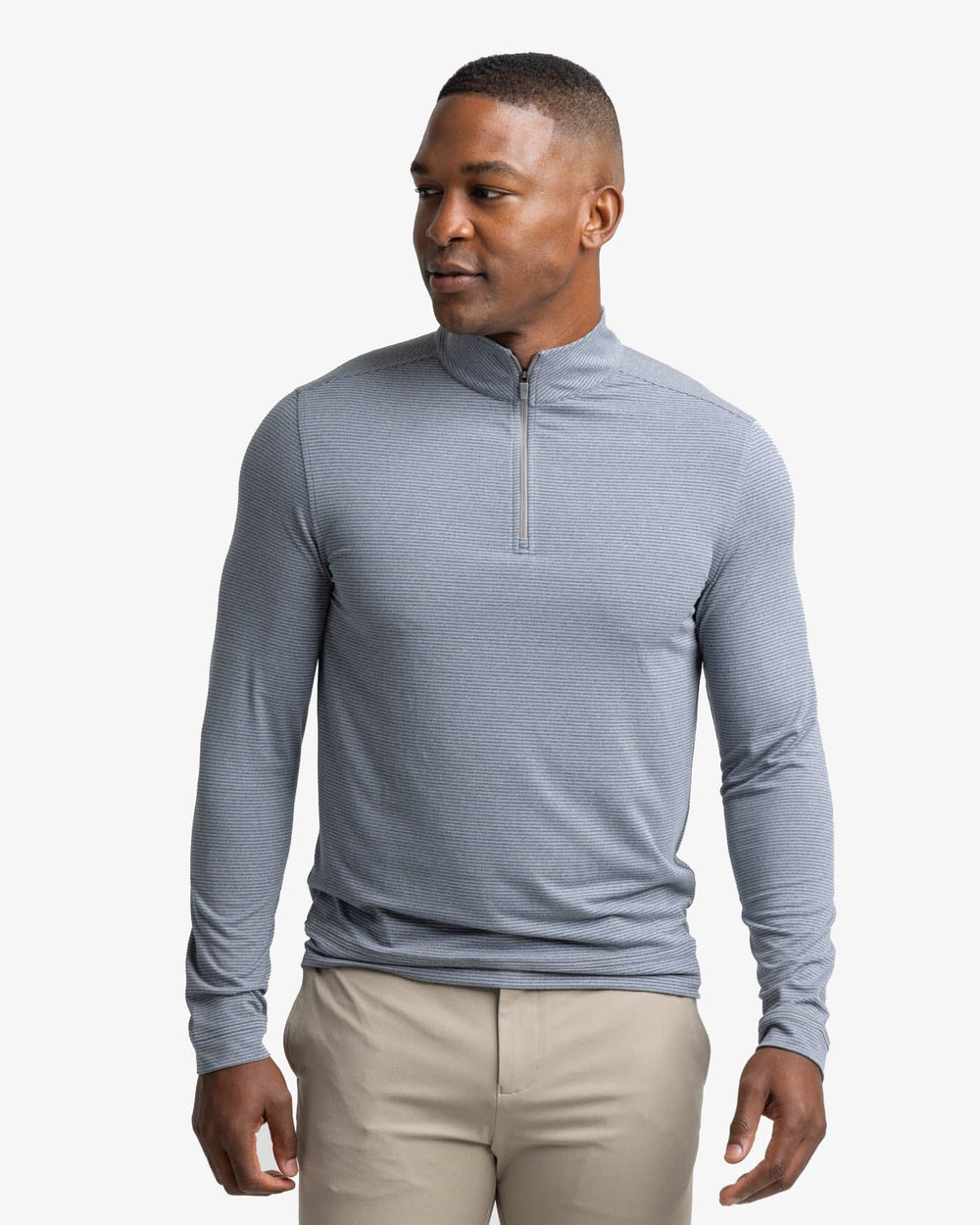 The front view of the Southern Tide Cruiser Heather Micro-Stripe Performance Quarter Zip Pullover by Southern Tide - Heather Shadow Grey
