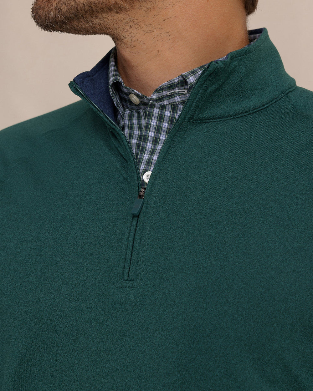 The detail view of the Southern Tide Cruiser Heather Quarter Zip Pullover by Southern Tide - Heather Salt Meadow