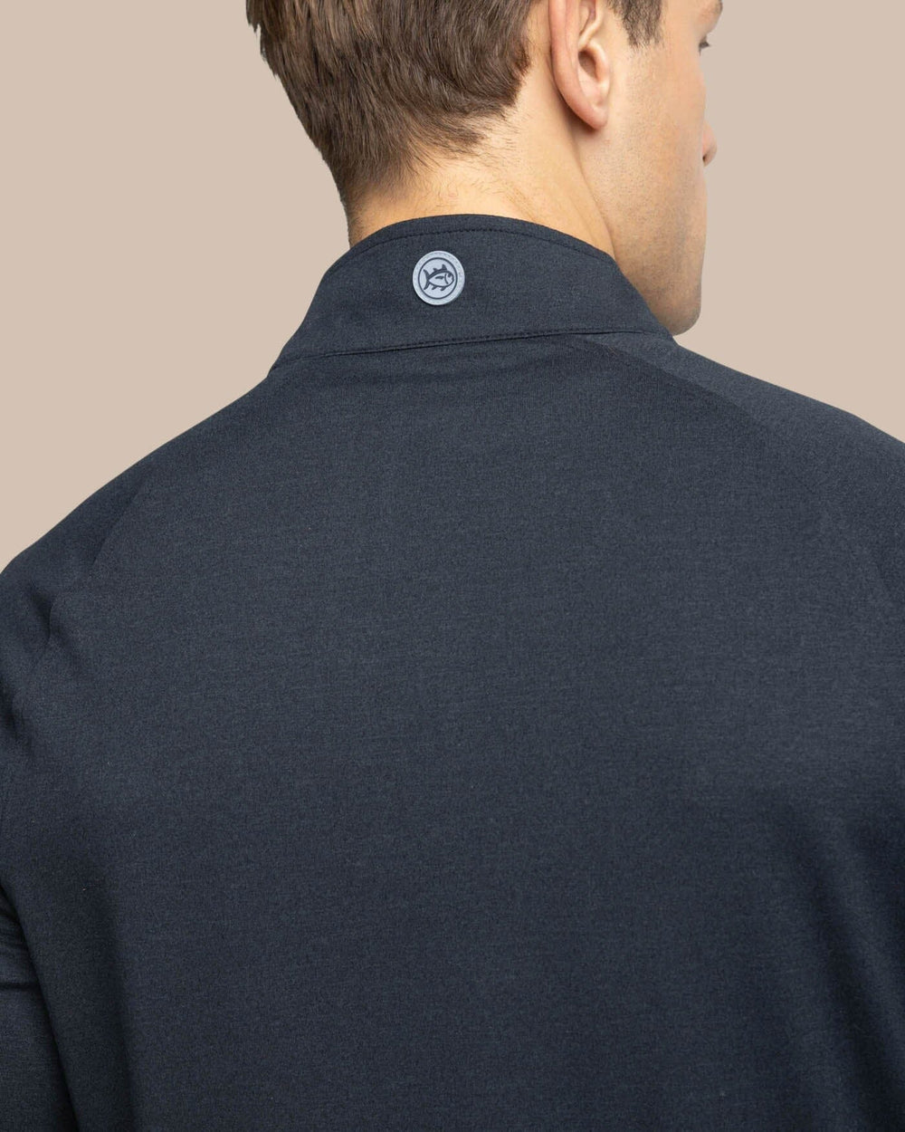 The yoke view of the Southern Tide Cruiser Heather Quarter Zip Pullover by Southern Tide - Heather Caviar Black