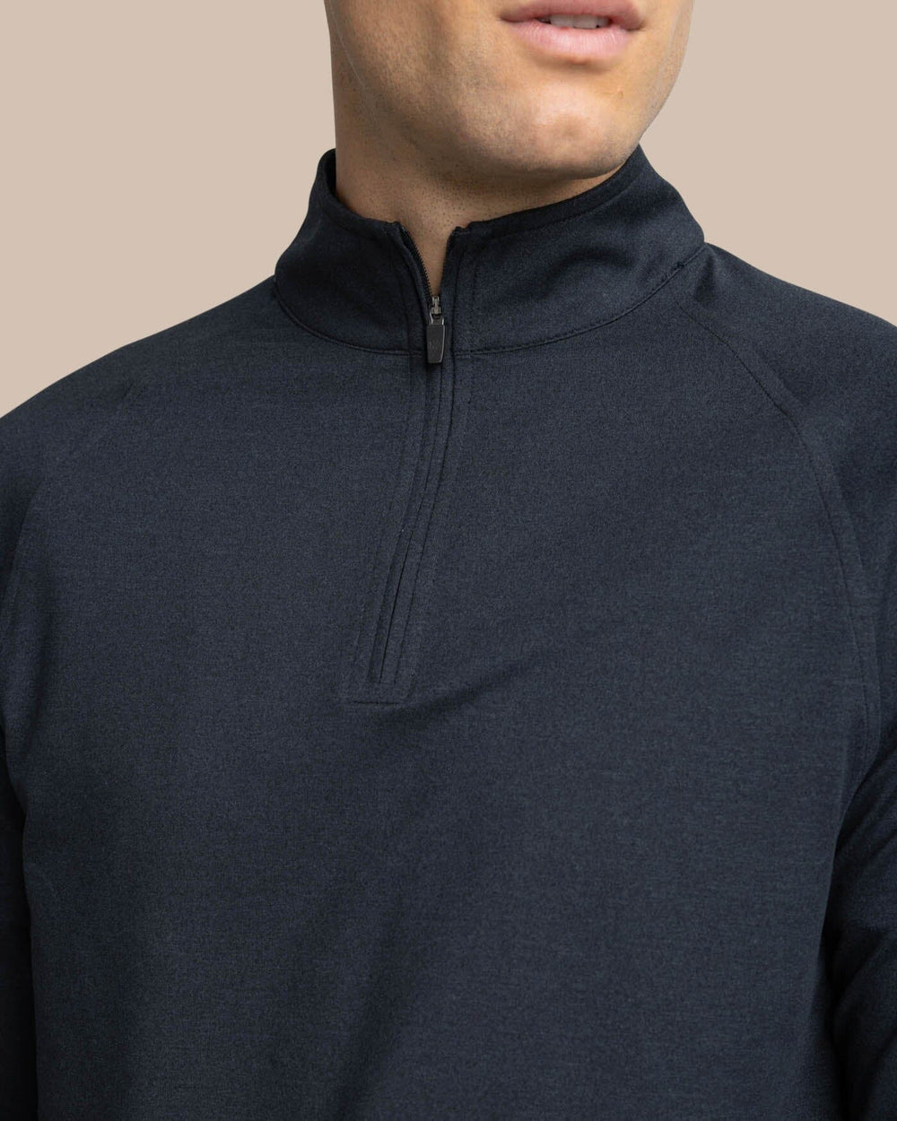 The detail view of the Southern Tide Cruiser Heather Quarter Zip Pullover by Southern Tide - Heather Caviar Black