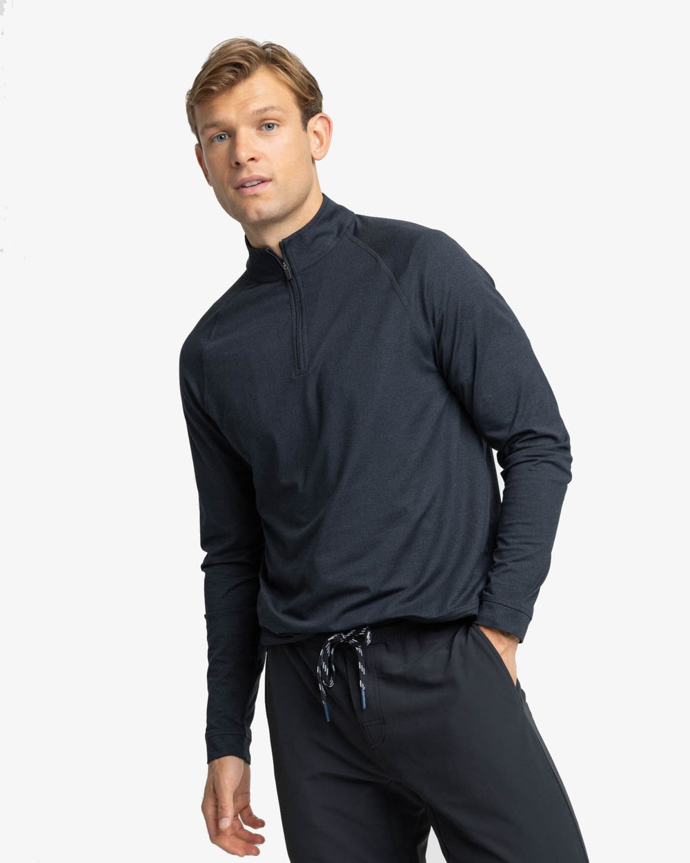 The front view of the Southern Tide Cruiser Heather Quarter Zip Pullover by Southern Tide - Heather Caviar Black