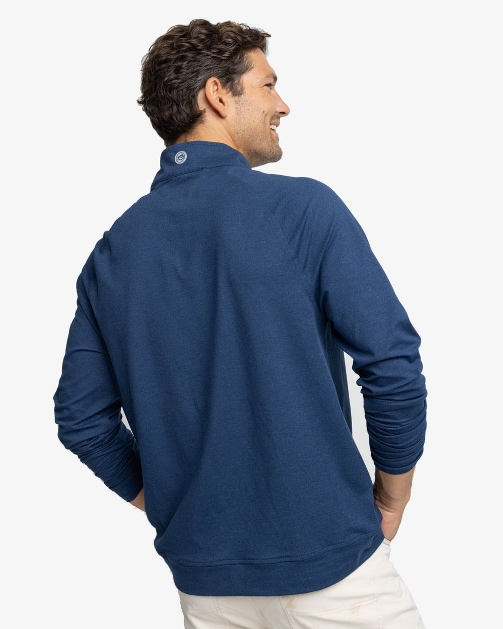 The back view of the Southern Tide Cruiser Heather Quarter Zip Pullover by Southern Tide - Heather Dress Blue