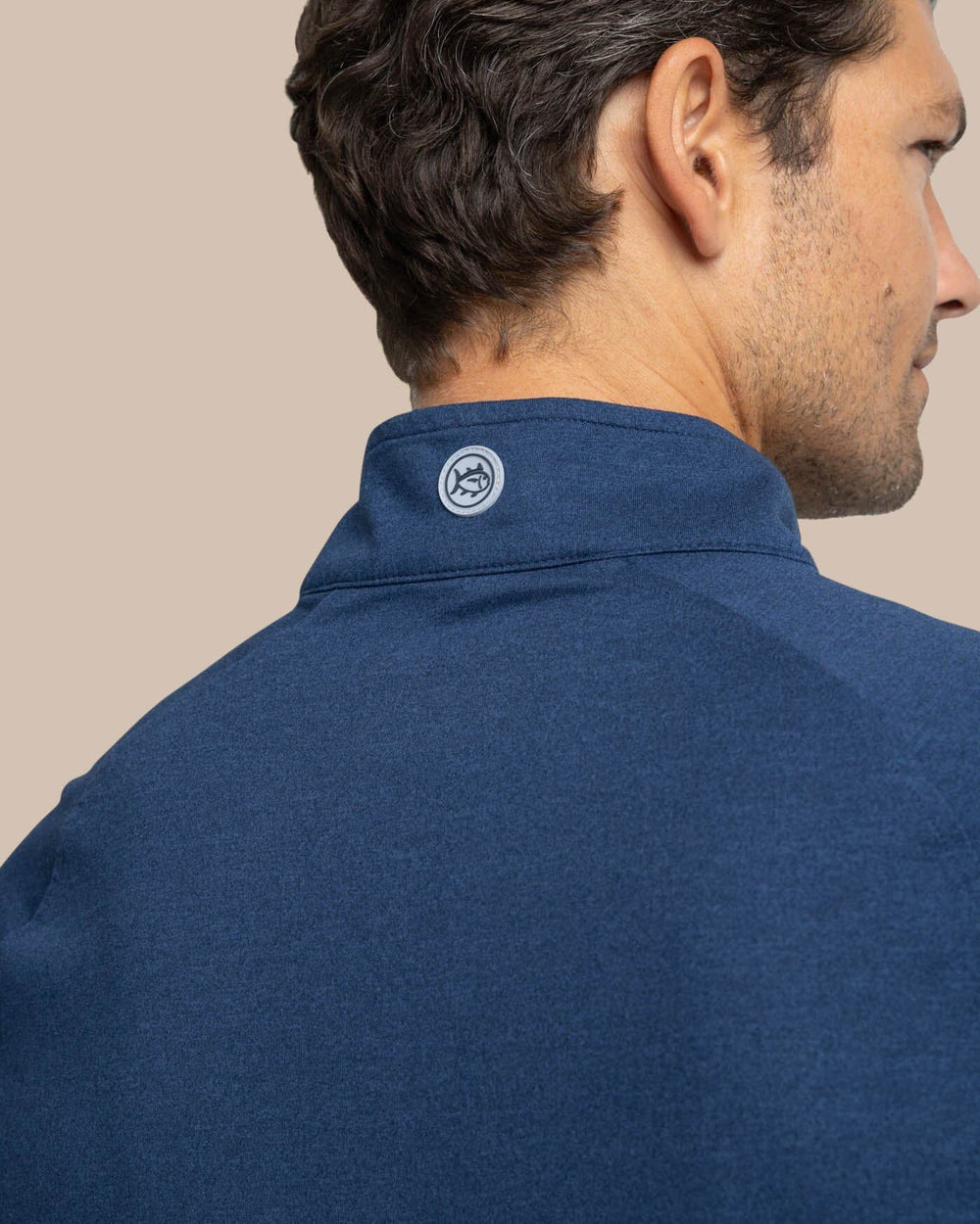 The yoke view of the Southern Tide Cruiser Heather Quarter Zip Pullover by Southern Tide - Heather Dress Blue