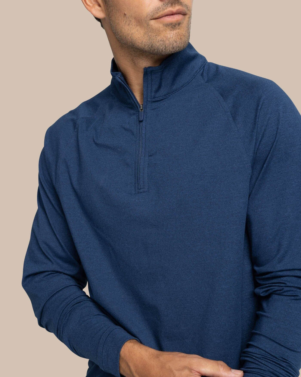 The detail view of the Southern Tide Cruiser Heather Quarter Zip Pullover by Southern Tide - Heather Dress Blue