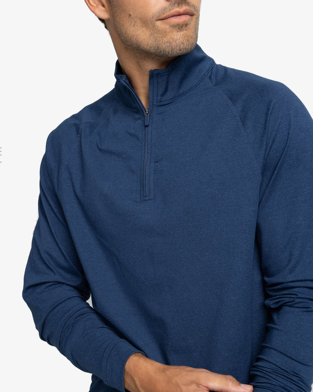 The detail view of the Southern Tide Cruiser Heather Quarter Zip Pullover by Southern Tide - Heather Dress Blue