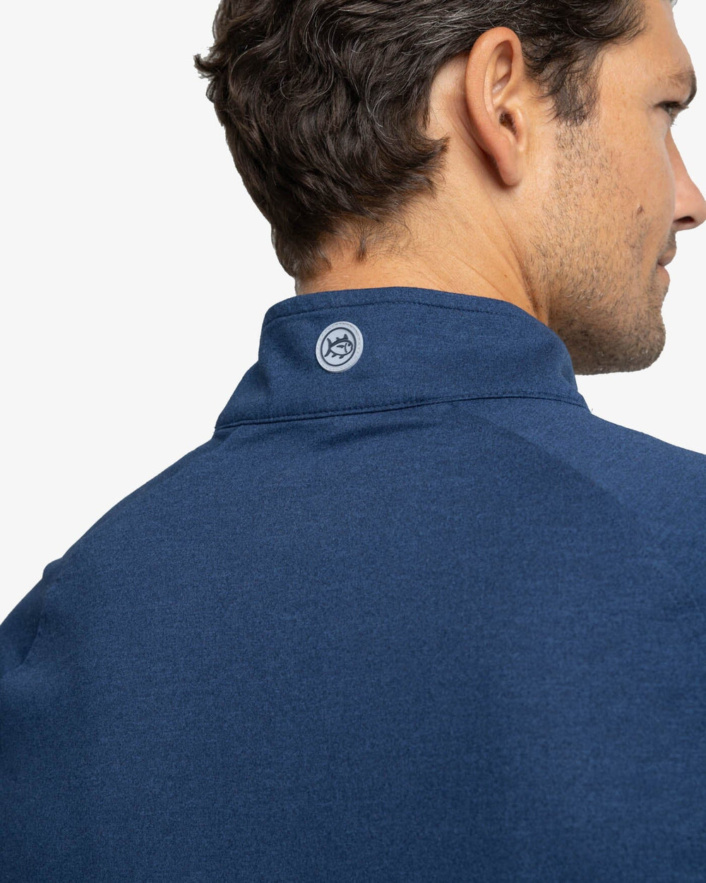 The yoke view of the Southern Tide Cruiser Heather Quarter Zip Pullover by Southern Tide - Heather Dress Blue
