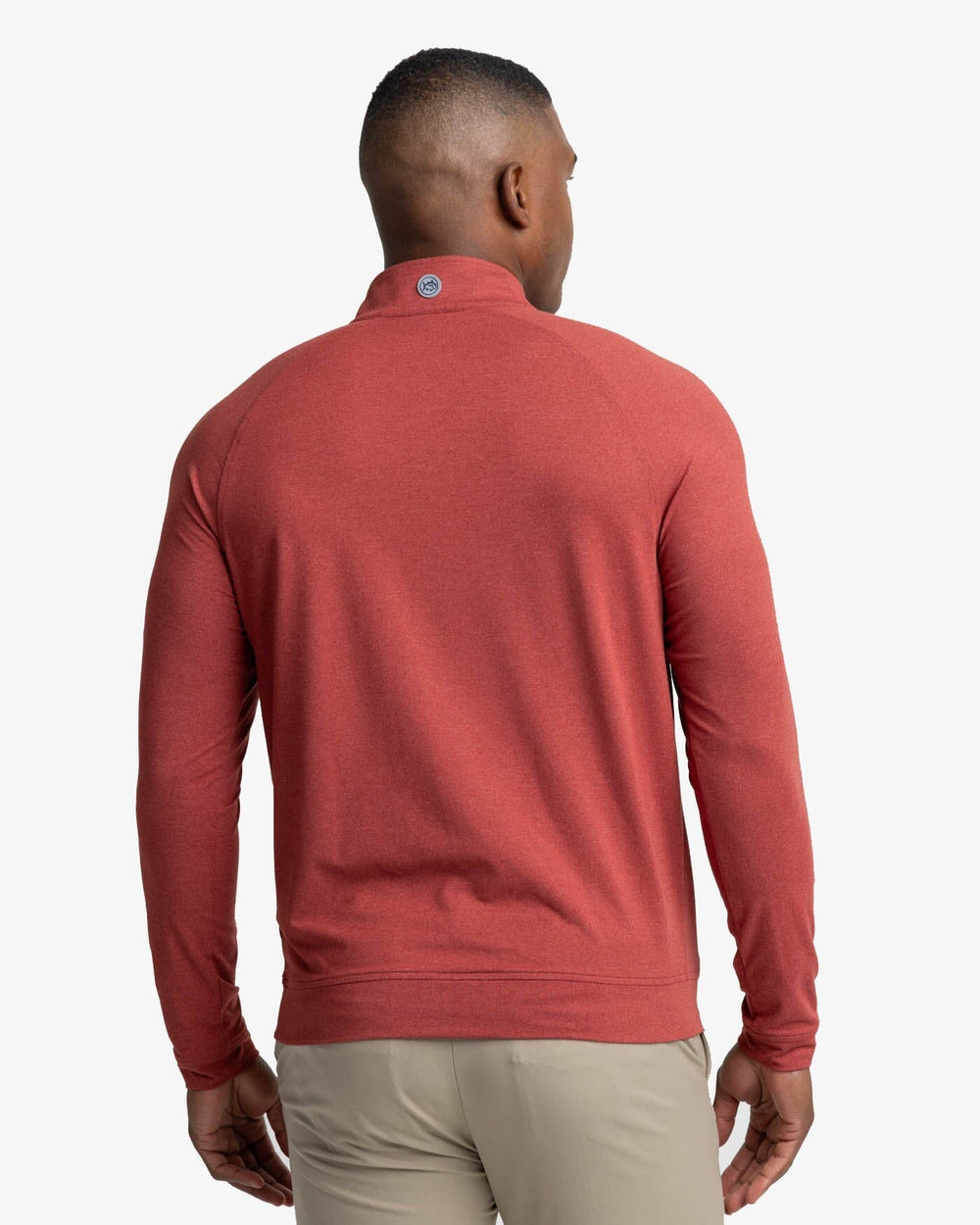 The back view of the Southern Tide Cruiser Heather Quarter Zip Pullover by Southern Tide - Heather Tuscany Red