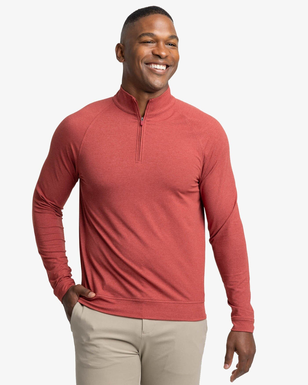 The front view of the Southern Tide Cruiser Heather Quarter Zip Pullover by Southern Tide - Heather Tuscany Red
