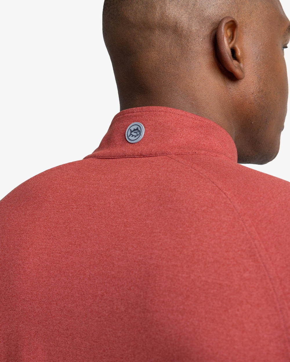 The yoke view of the Southern Tide Cruiser Heather Quarter Zip Pullover by Southern Tide - Heather Tuscany Red