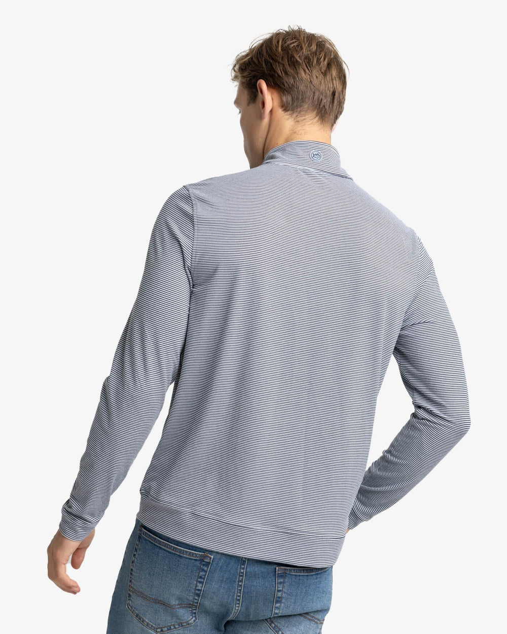 The back view of the Southern Tide Cruiser Micro-Stripe Heather Quarter Zip by Southern Tide - Heather Black
