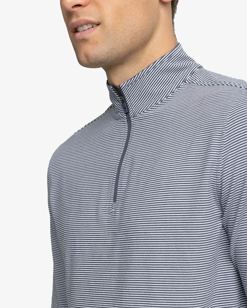The detail view of the Southern Tide Cruiser Micro-Stripe Heather Quarter Zip by Southern Tide - Heather Black