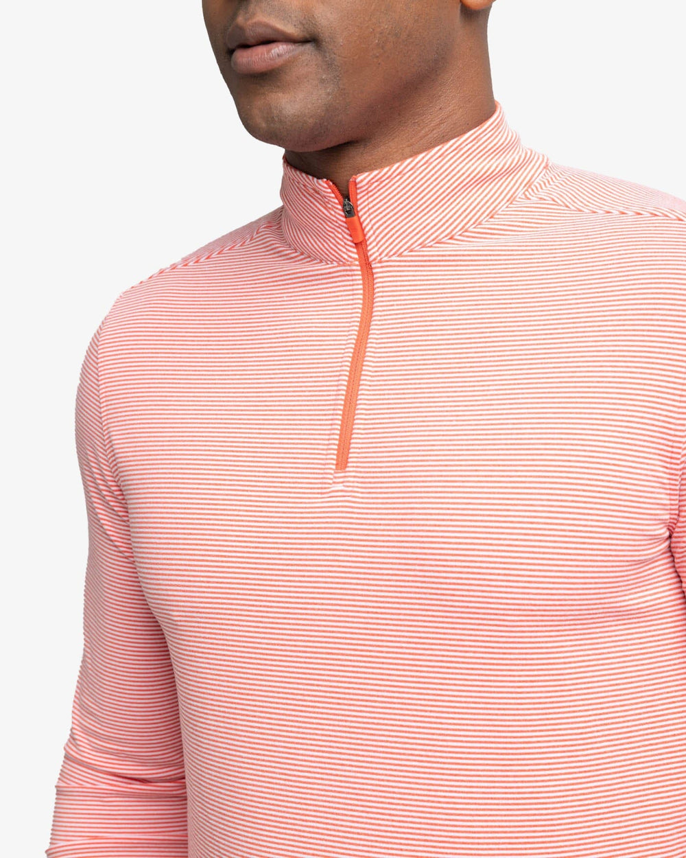 The detail view of the Southern Tide Cruiser Micro-Stripe Heather Quarter Zip by Southern Tide - Heather Endzone Orange