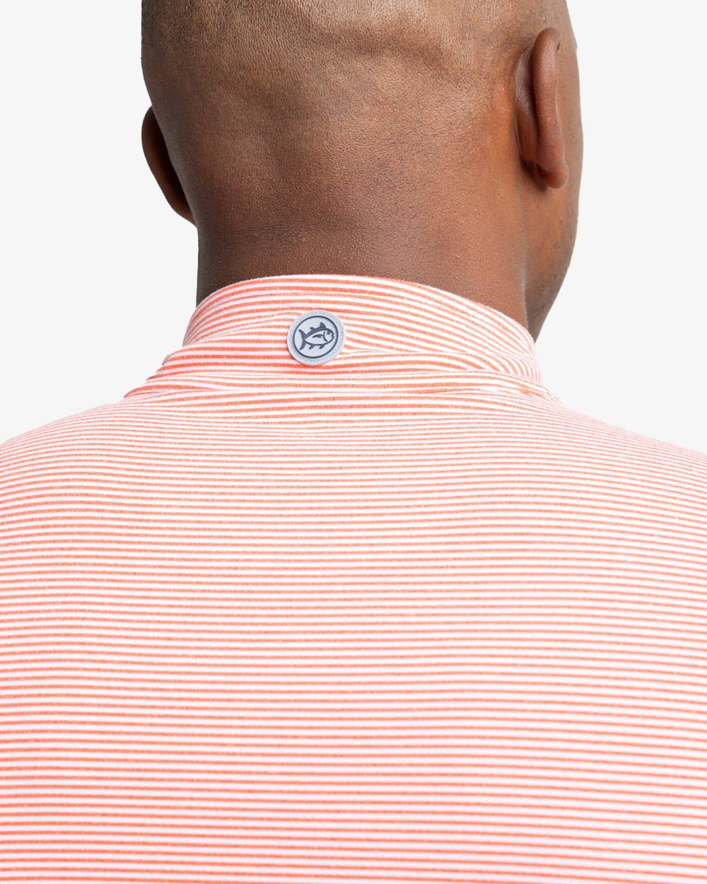 The yoke view of the Southern Tide Cruiser Micro-Stripe Heather Quarter Zip by Southern Tide - Heather Endzone Orange