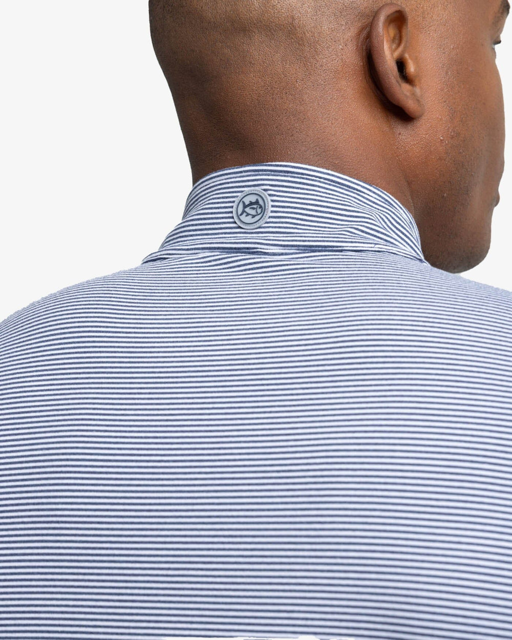 The yoke view of the Southern Tide Cruiser Micro-Stripe Heather Quarter Zip by Southern Tide - Heather Navy
