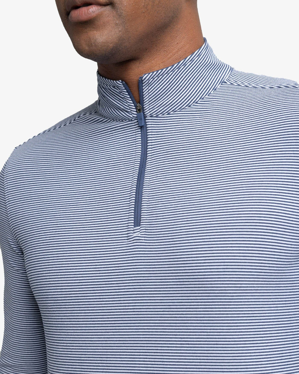 The detail view of the Southern Tide Cruiser Micro-Stripe Heather Quarter Zip by Southern Tide - Heather Navy