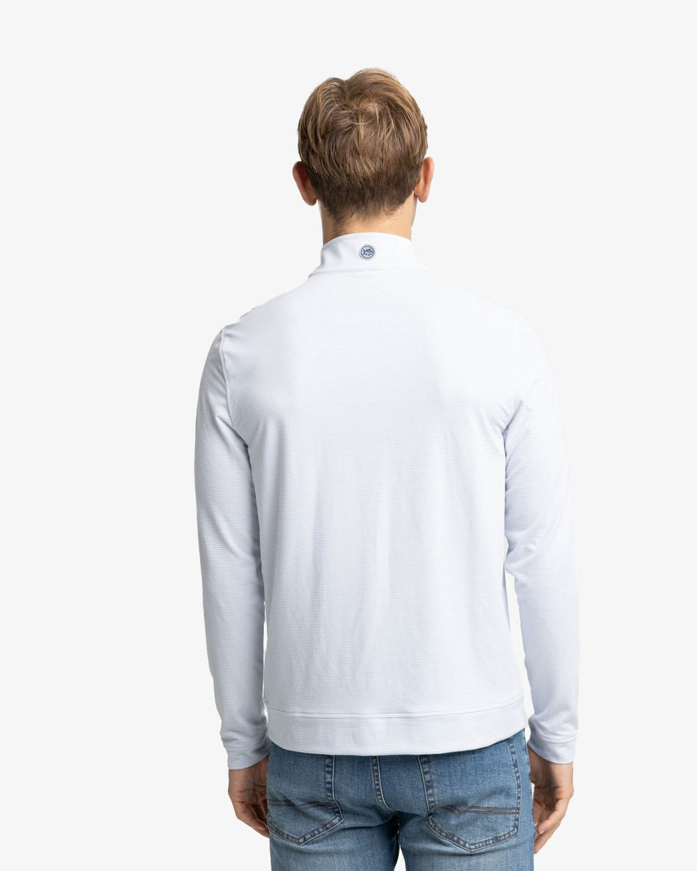 The back view of the Southern Tide Cruiser Micro-Stripe Heather Quarter Zip by Southern Tide - Heather Slate Grey