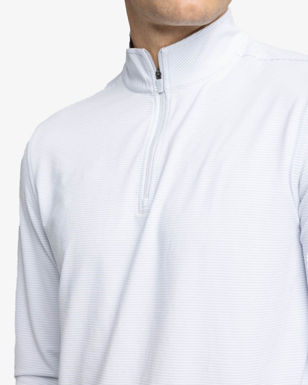 The detail view of the Southern Tide Cruiser Micro-Stripe Heather Quarter Zip by Southern Tide - Heather Slate Grey