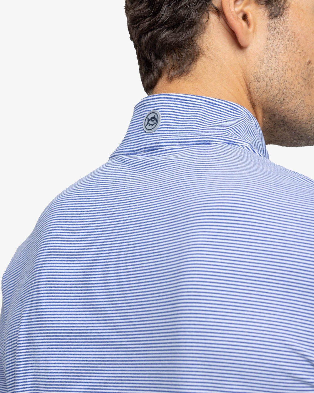 The yoke view of the Southern Tide Cruiser Micro-Stripe Heather Quarter Zip by Southern Tide - Heather University Blue