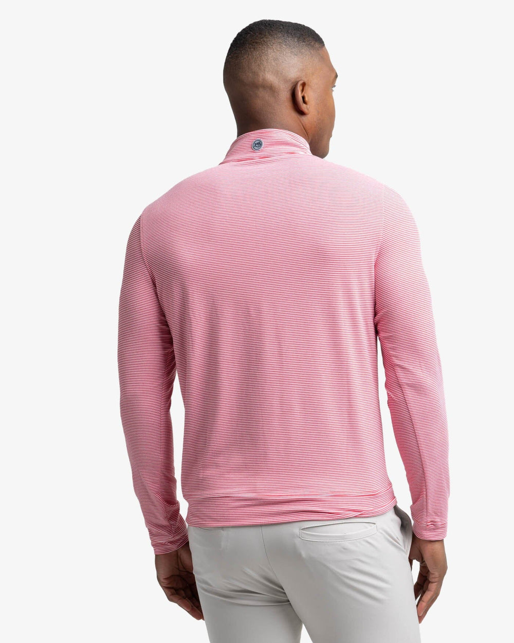 The back view of the Southern Tide Cruiser Micro-Stripe Heather Quarter Zip by Southern Tide - Heather Varsity Red